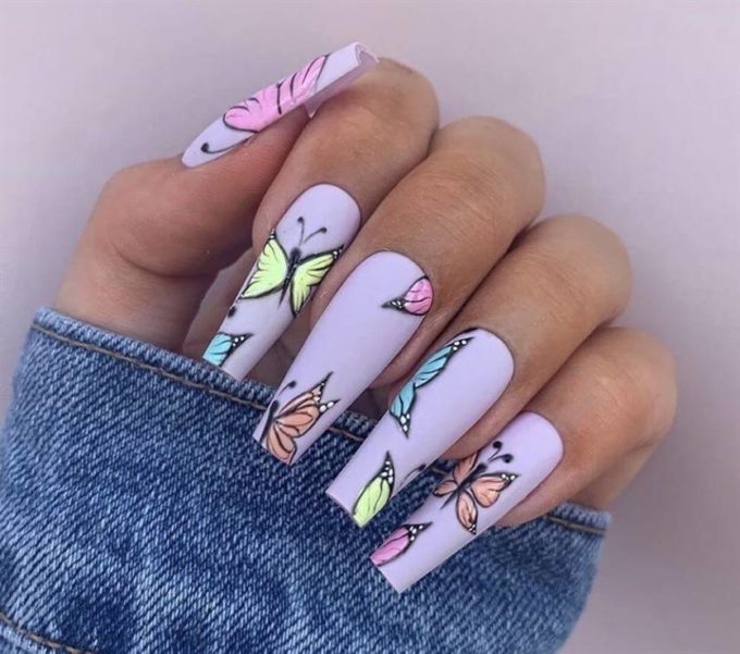 lilac acrylic coffin butterfly nail art design idea for spring-summer season