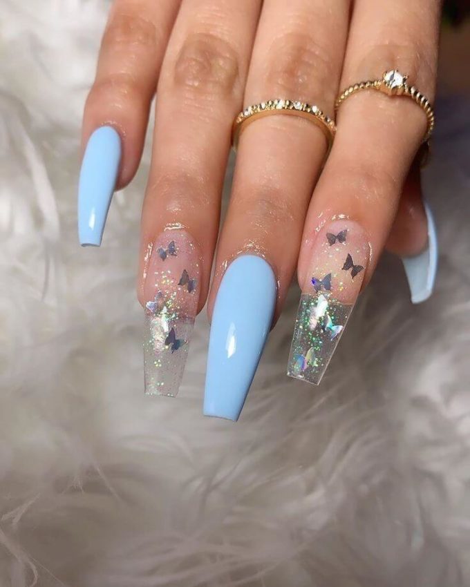 long blue and nude with silver butterflies spring acrylic nails art design idea for 2022 