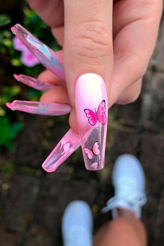 acrylic coffin transparent pink with butterfly nail art designs idea for spring