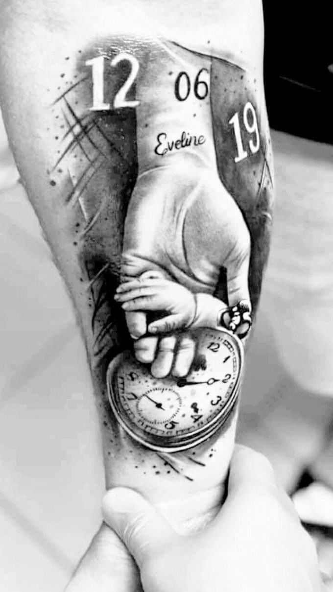 3d mother and baby hand in hand with date-name and birth clock tattoo design idea