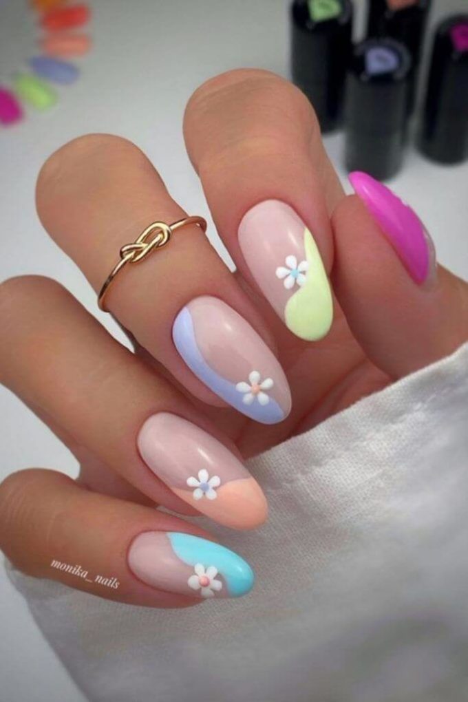 multi-color almond floral spring acrylic nails art designs idea for 2022 