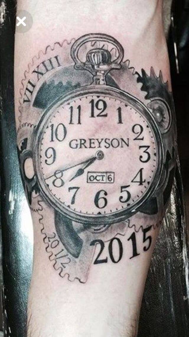 name inside birth clock with date tattoo design idea on forearm