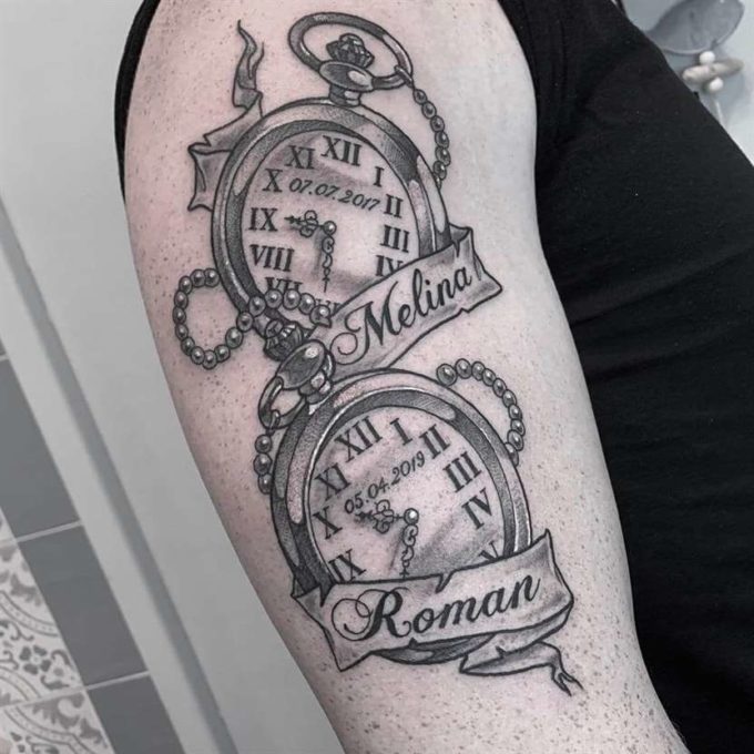 pearly chain with name banners and birth clocks tattoo design idea on shoulder