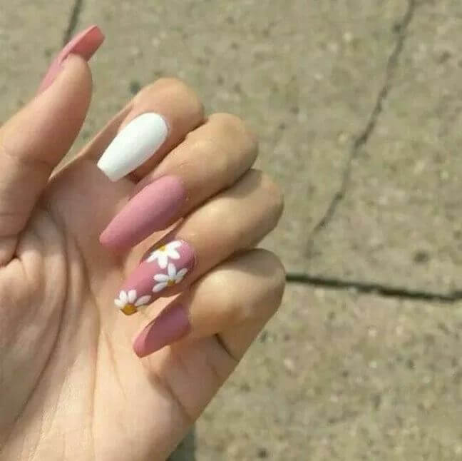 matte white and pink with flowers spring acrylic nails art design idea for 2022