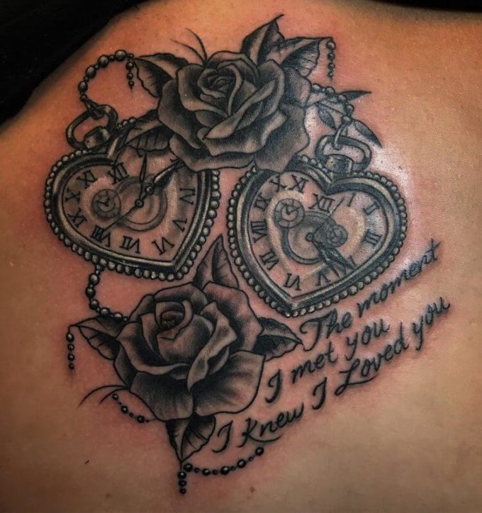 pocket birth clocks with quote and rose tattoo designs idea for couples