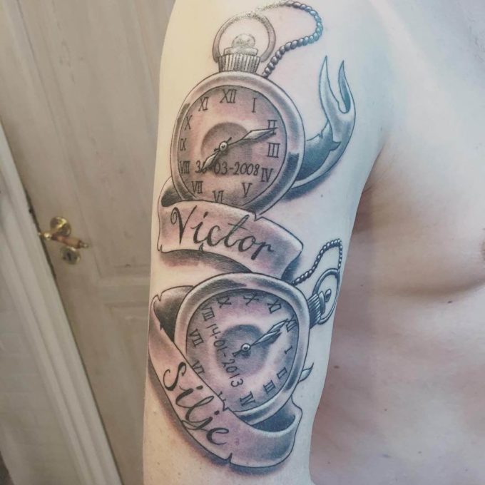 3d banner with names and roman numeral birth clock tattoo design idea