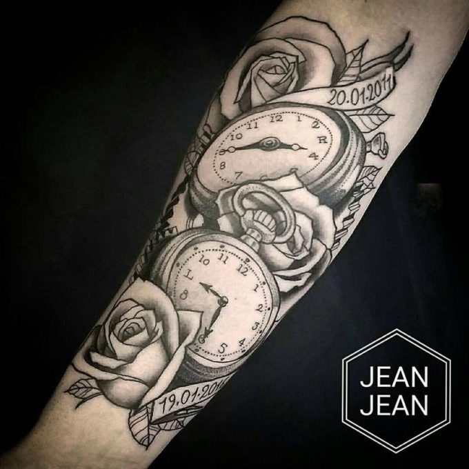 beautiful roses with dates banner and birth clocks tattoo design idea