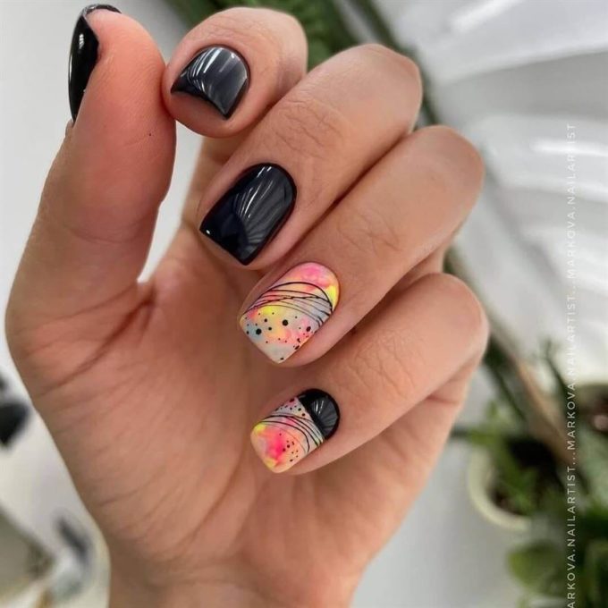 short glossy black with painted artistic nails idea for spring 2022