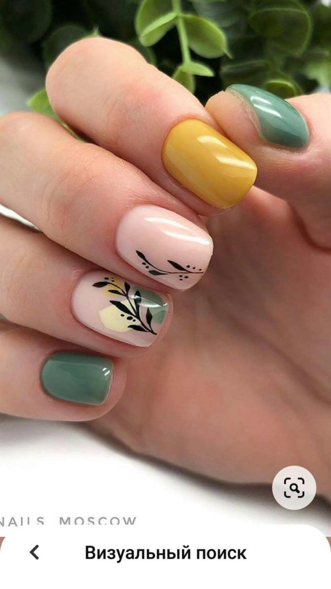 short pastel green yellow and pink with leaves nail art ideas for spring 2022