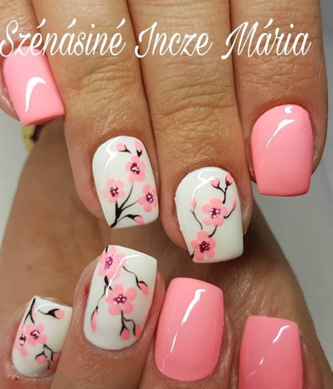 short pink and white with cherry blossom spring nails designs ideas 2022