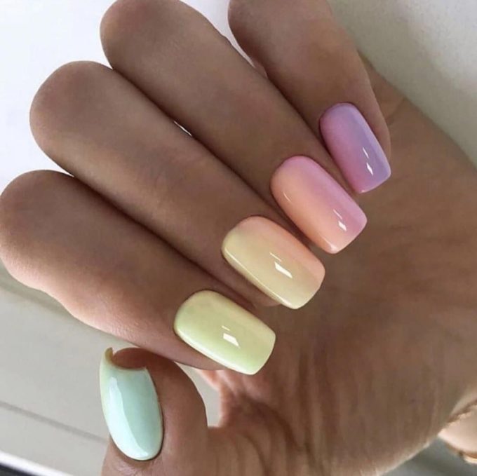 short glossy pastel rainbow colored ombre spring nails idea 2022