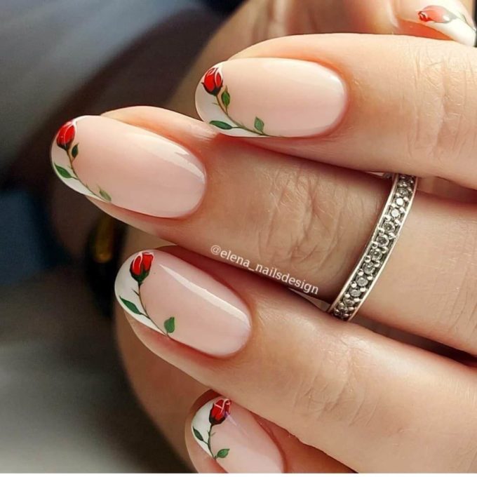 short round french tips with rose flower nails art design idea for spring season 2022