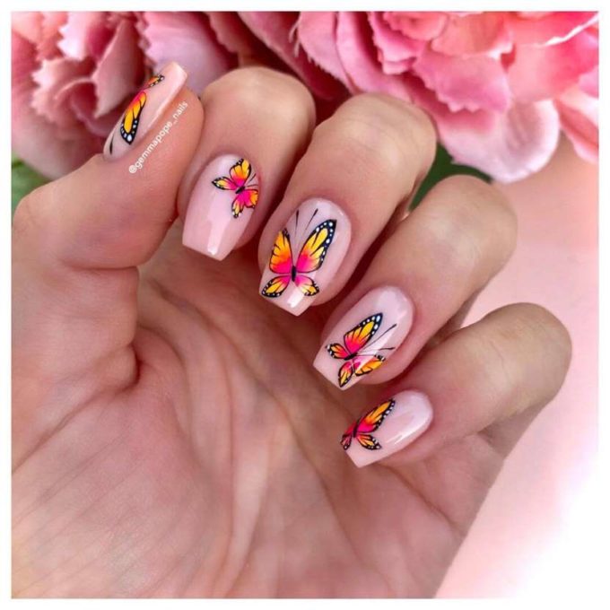 soft pink acrylic coffin butterfly nail art designs idea for spring-summer