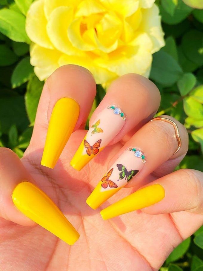 bright yellow acrylic coffin butterfly nail art design idea for summer