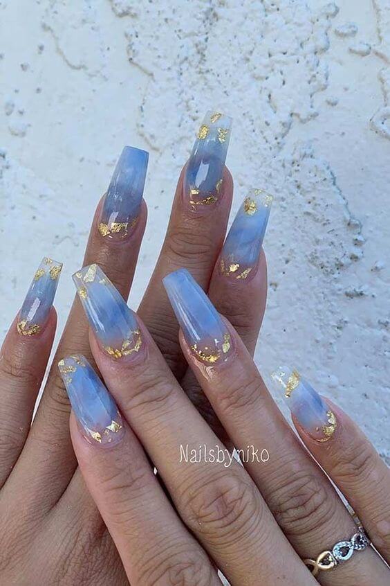 trendy golden flakes acrylic coffin baby blue nail art designs idea