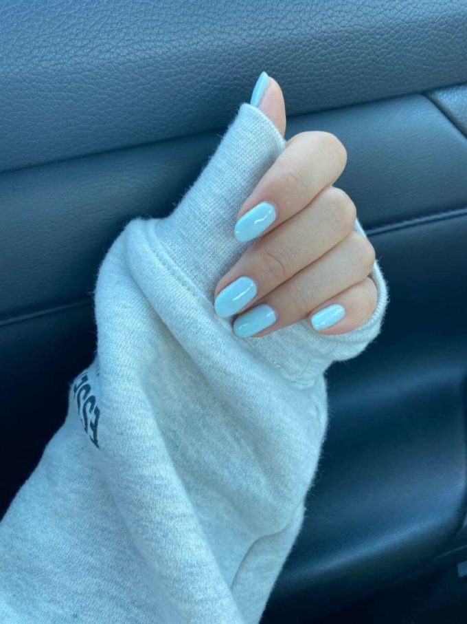 glossy almond shape baby blue nails idea