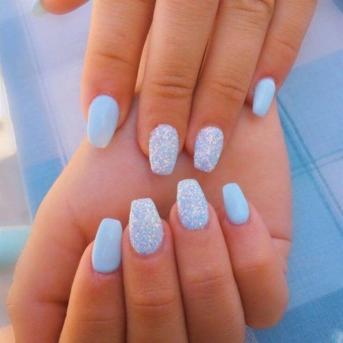glittery baby blue nail art designs idea for summer