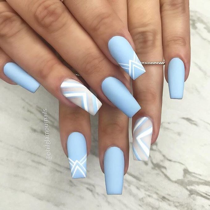 matte geometric lines  white and grey with baby blue acrylic coffin nail art designs idea
