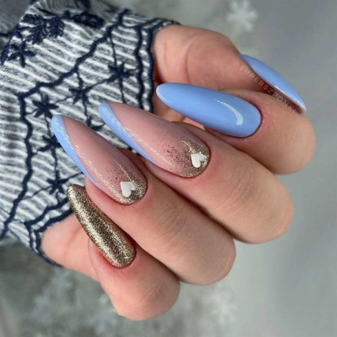glittery with hearts and nude with baby blue nail art designs idea