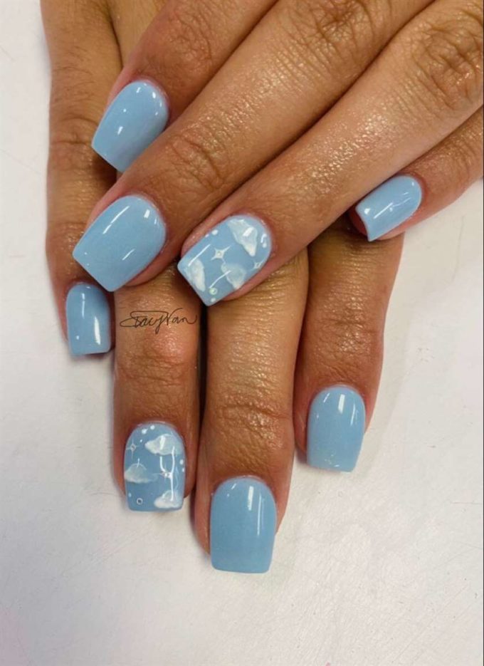 glossy short clouds designs with baby blue nail art idea