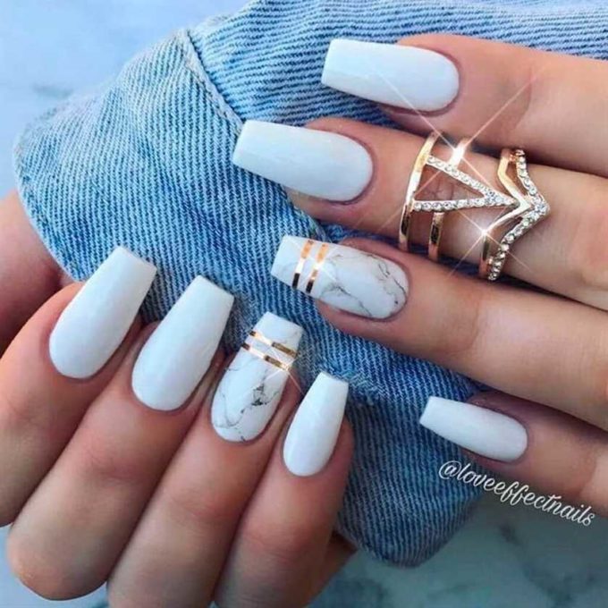 golden lines with marble design baby blue nail art idea