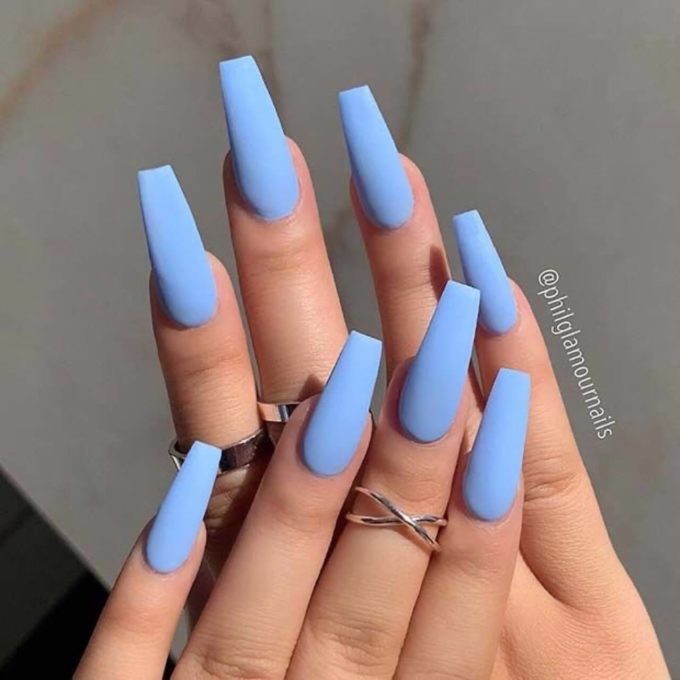matte acrylic coffin shaped baby blue nail idea