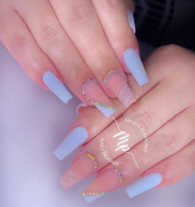 rhinestone with pink and baby blue acrylic coffin nail art designs idea