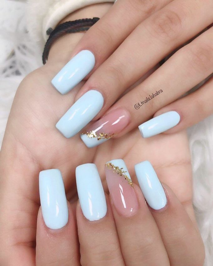 nude and baby blue with golden glittery nail art design idea