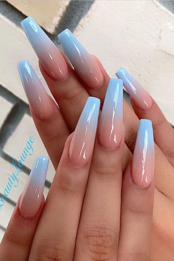 acrylic coffin ombre baby blue nail art idea