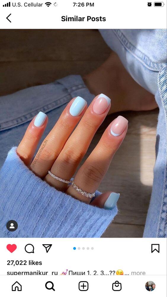 short nude and baby blue nail art design idea