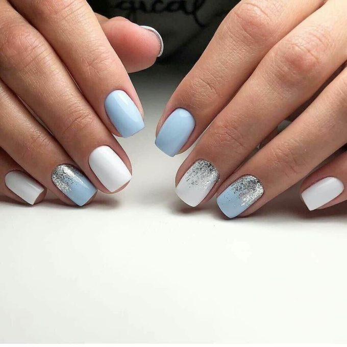 short shimmery white and baby blue nail art designs idea