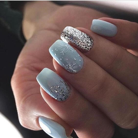 silver glittery and baby blue with snowflakes nail art designs idea for winter