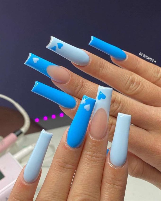 acrylic coffin sky blue and baby blue with hearts nail art designs idea 