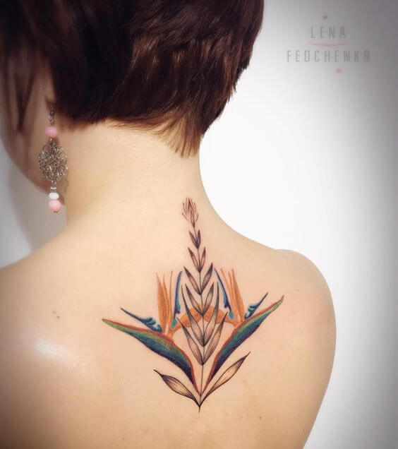 abstract artwork birds of paradise flower tattoo design idea on back for females