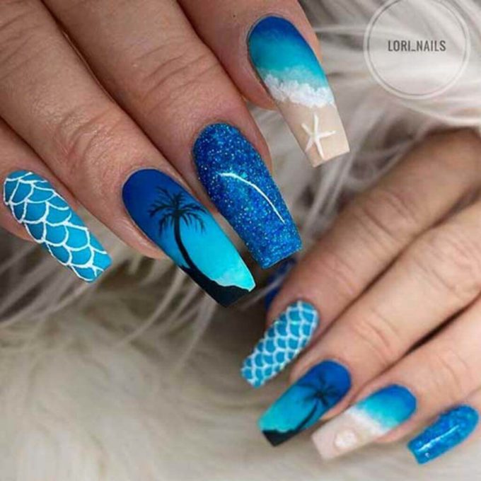 acrylic coffin ocean inspired nail art design idea for summer