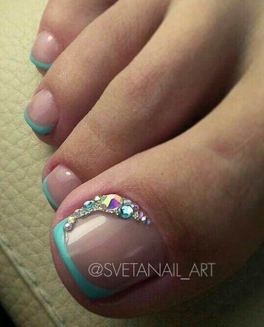 nude rhinestones with aqua french tip toe nail art designs for summer 
