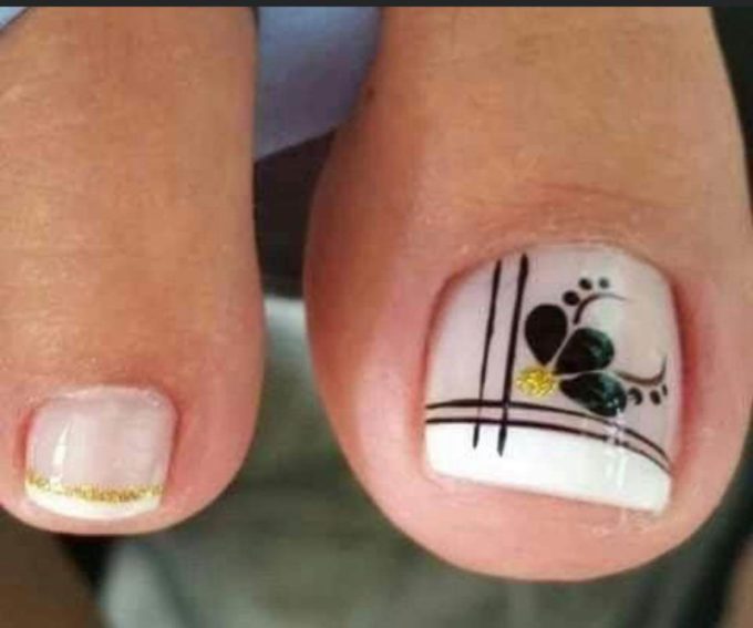 black art with golden glitter and white french tip toe nail designs for summer