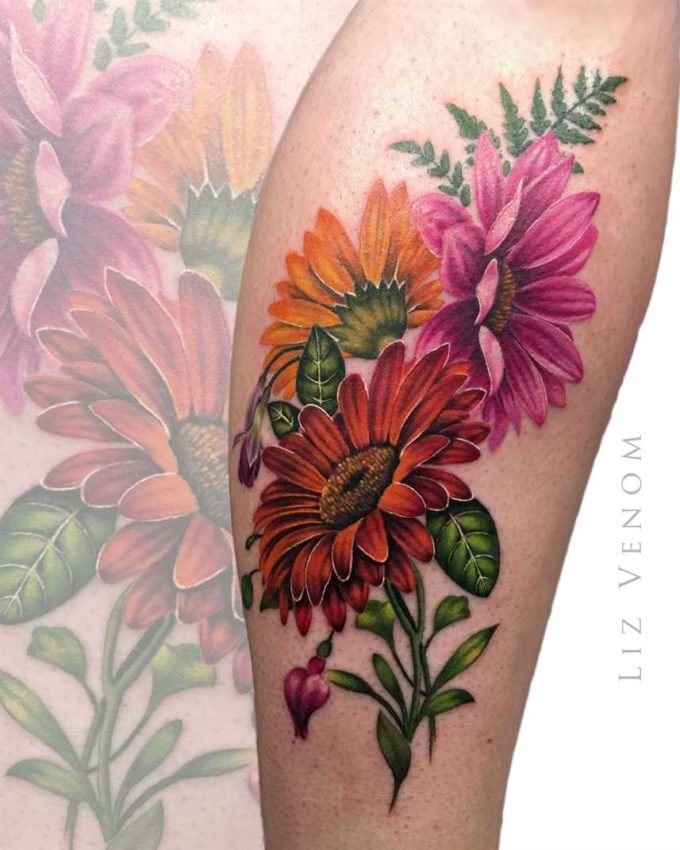 colorful gerbera daisy flower tattoo designs idea for women