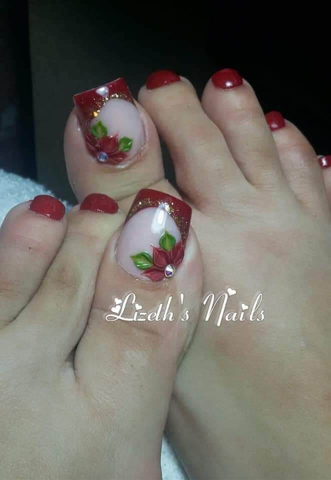 nude floral with deep red french tip toe nail art designs for summer