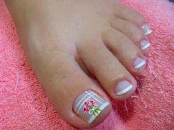 floral art with white french tip toe nail designs for summer season