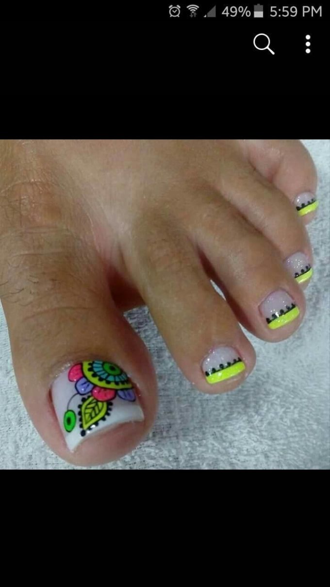 pretty floral with neon yellow french tip toe nail art designs for summer