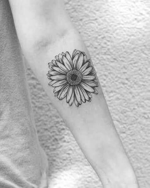 big detailed gerbera daisy flower tattoo design idea on forearm for girls