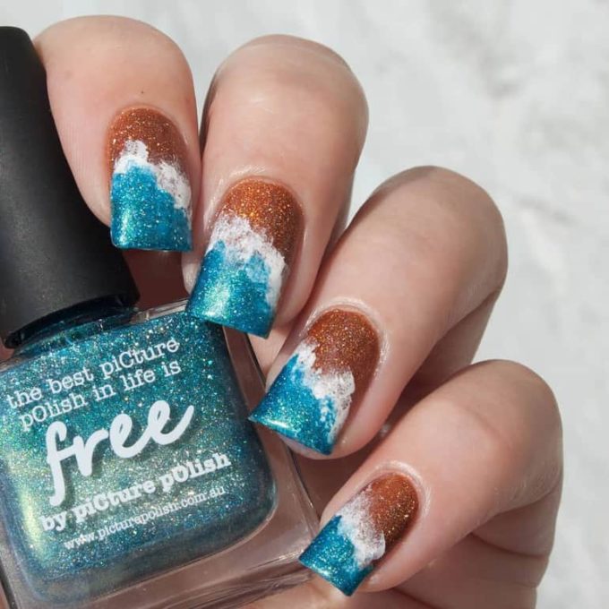 glittery ocean themed nail art design idea for summer