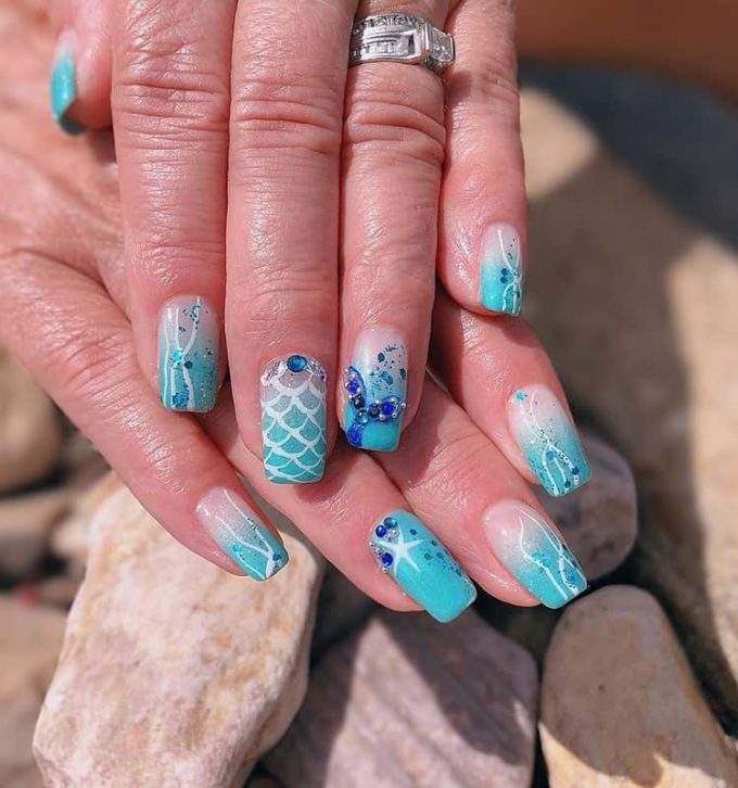 mermaid ocean themed nail art design idea for summer