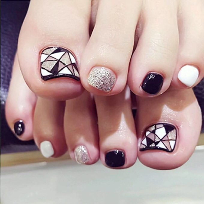 glam monochrome black and white french tip toe nail art designs for summer