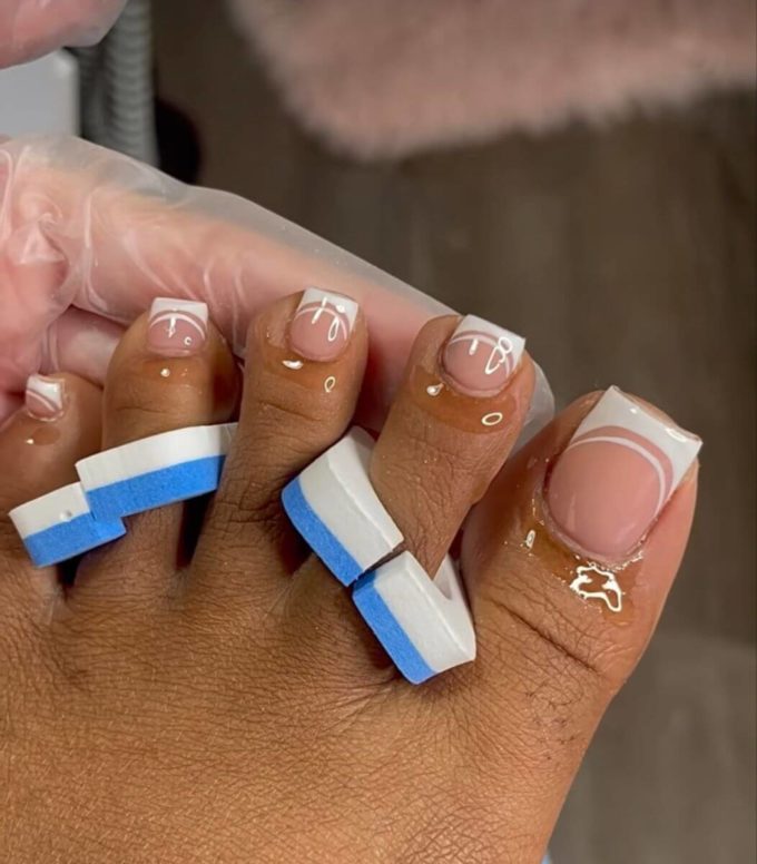 cute classic nude beige with white french tip toe nail art designs for summer