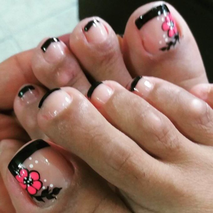 nude with pretty pink flower and black french tip toe nail art designs for summer