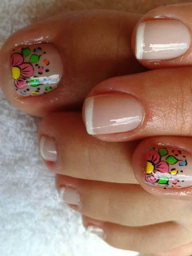 glossy nude with floral and white french tip toe nail art designs for summer