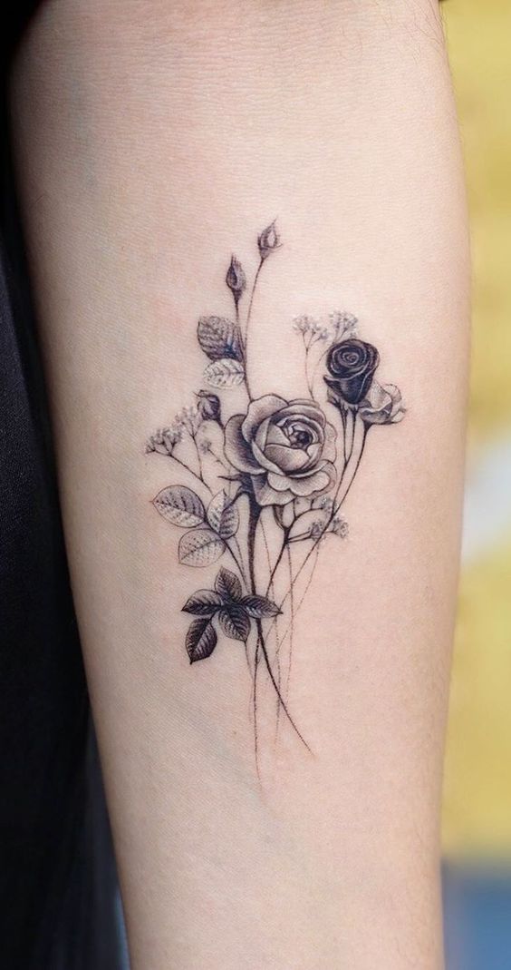 roses with buds june birth  flower tattoo design idea on forearm for females