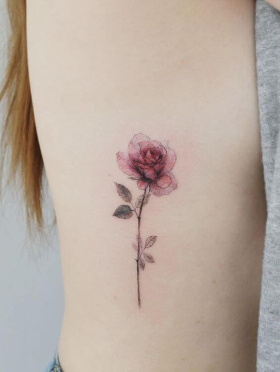 water ink red rose with bud june birth flower tattoo design idea on side ribs for females